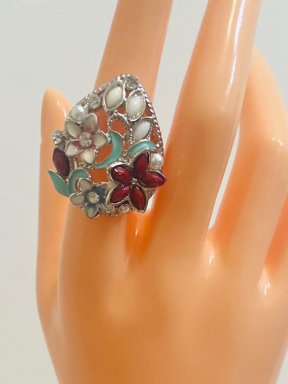 Vintage Floral Multicolor Enamel Pear Shaped Statement Ring Turquoise Red White - Picture 4 of 10